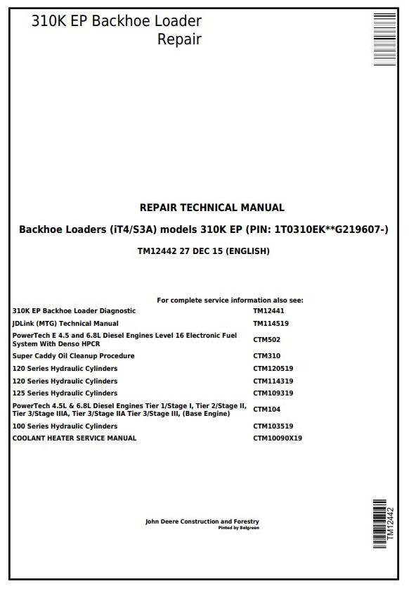 John Deere 310K EP Backhoe Loader Repair Technical Manual TM12442