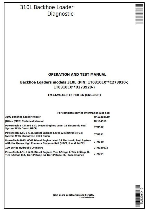 John Deere 310L Backhoe Loader Diagnostic Operation Test Manual TM13291X19
