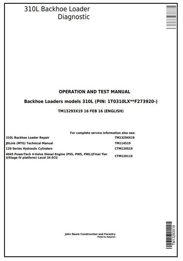 John Deere 310L Backhoe Loader Diagnostic Operation Test Manual TM13293X19