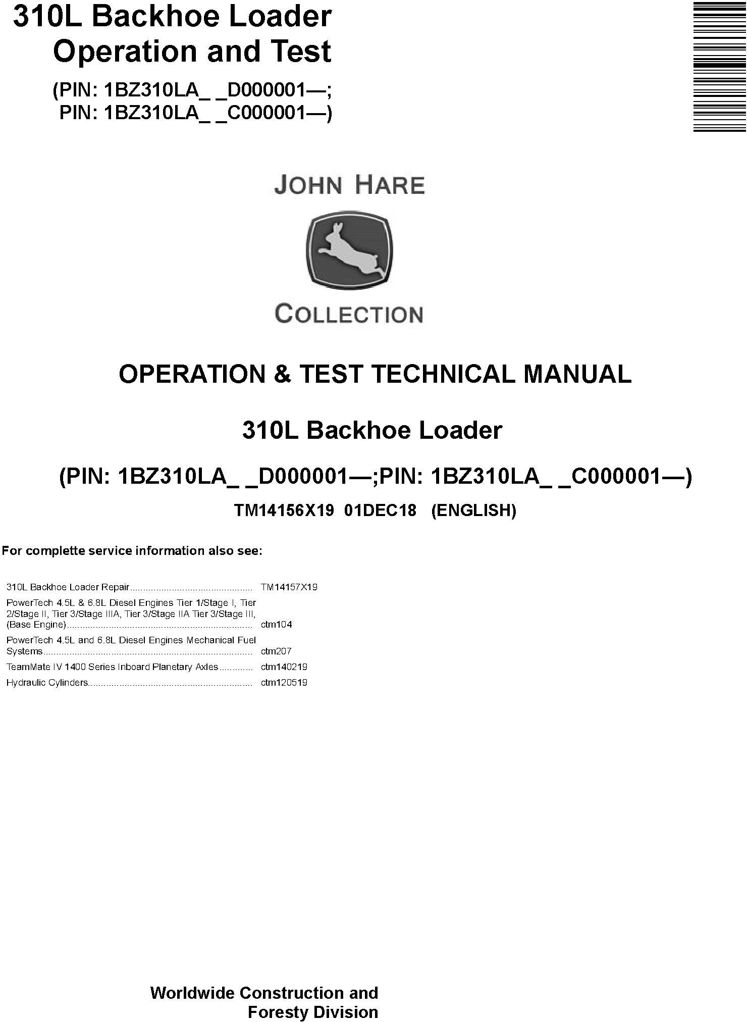 John Deere 310L Backhoe Loader Operation Test Technical Manual TM14156X19