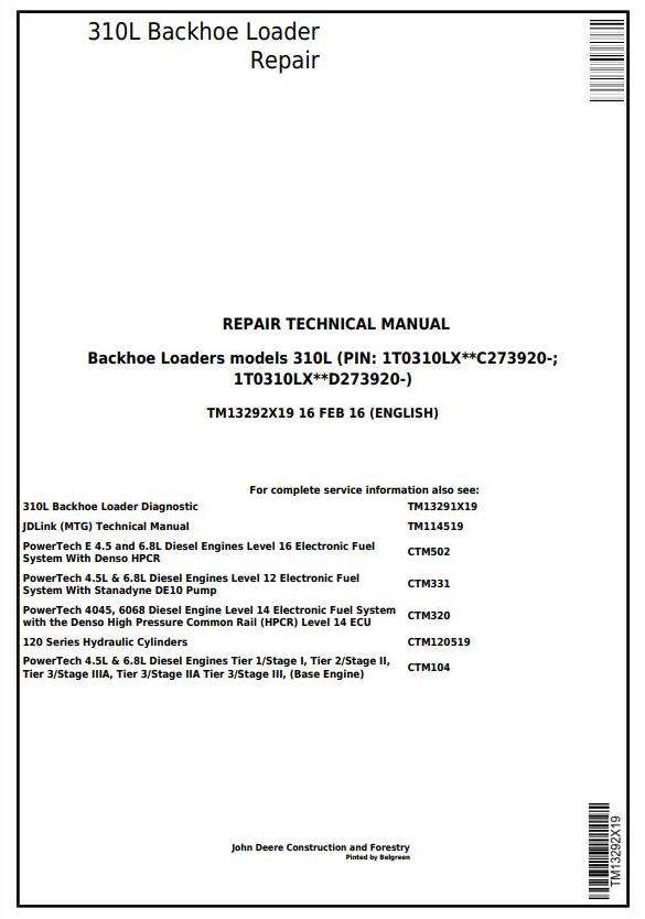 John Deere 310L Backhoe Loader Repair Technical Manual TM13292X19