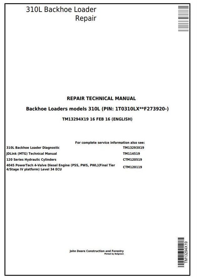 John Deere 310L Backhoe Loader Repair Technical Manual TM13294X19