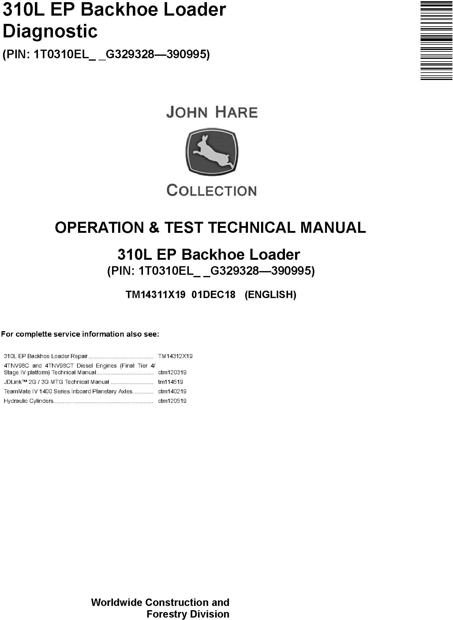 John Deere 310L EP Backhoe Loader Operation Test Technical Manual TM14311X19