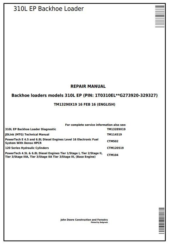 John Deere 310L EP Backhoe Loader Repair Manual TM13290X19