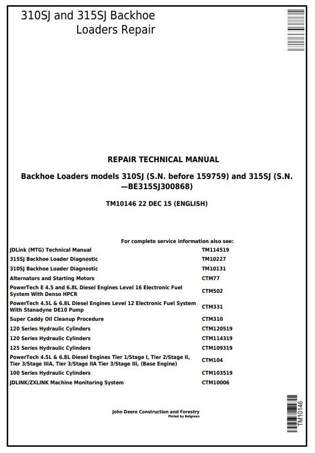 John Deere 310SJ 315SJ Backhoe Loader Repair Technical Manual TM10146