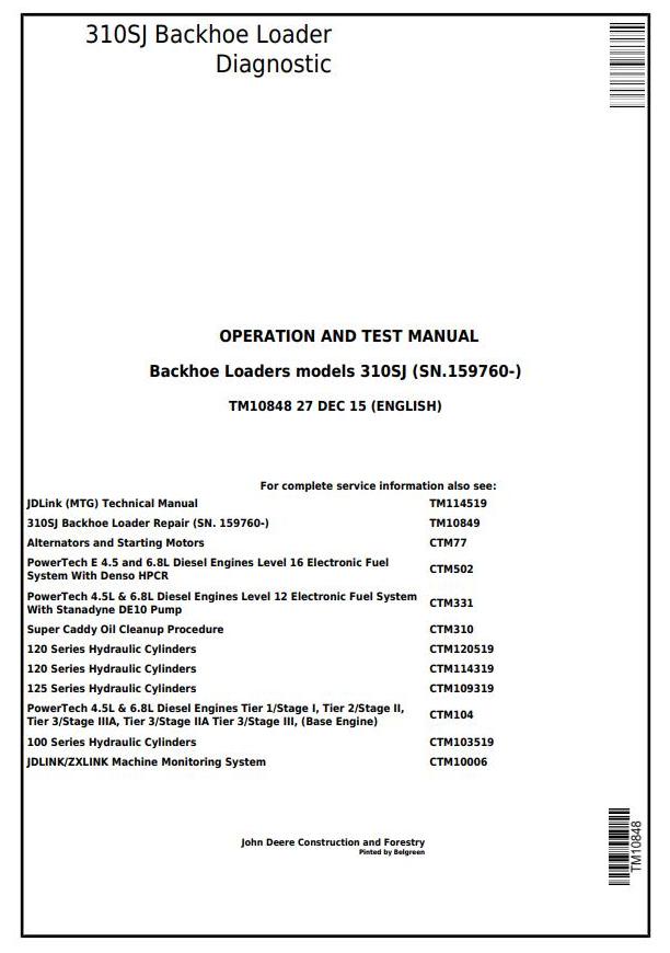 John Deere 310SJ Backhoe Loader Diagnostic Operation Test Manual TM10848