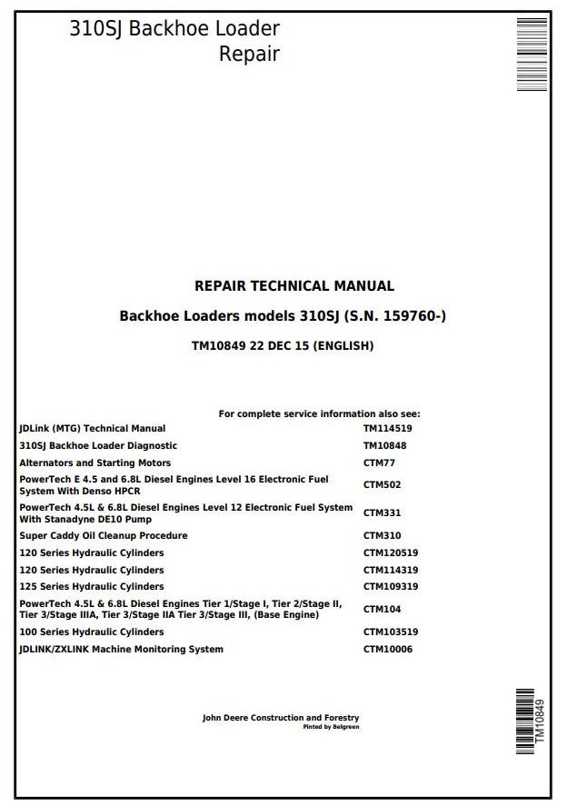 John Deere 310SJ Backhoe Loader Repair Technical Manual TM10849
