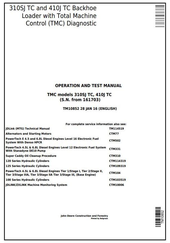 John Deere 310SJ TC 410J TC Backhoe Loader Diagnostic Operation Test Manual TM10852
