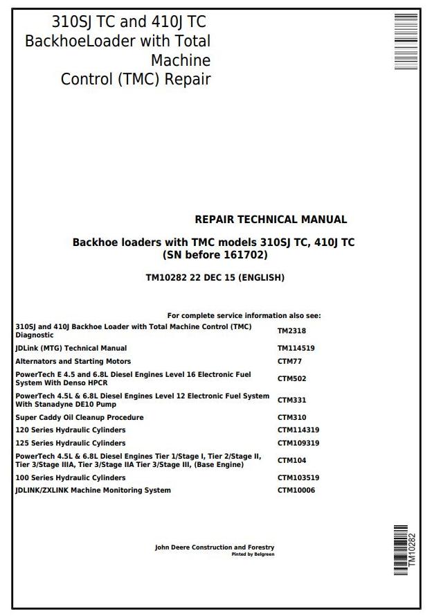 John Deere 310SJ TC 410J TC Backhoe Loader Repair Technical Manual TM10282