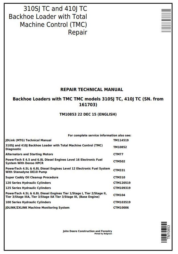 John Deere 310SJ TC 410J TC Backhoe Loader Repair Technical Manual TM10853