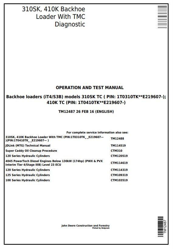 John Deere 310SK 410K Backhoe Loader Diagnostic Operation Test Manual TM12487