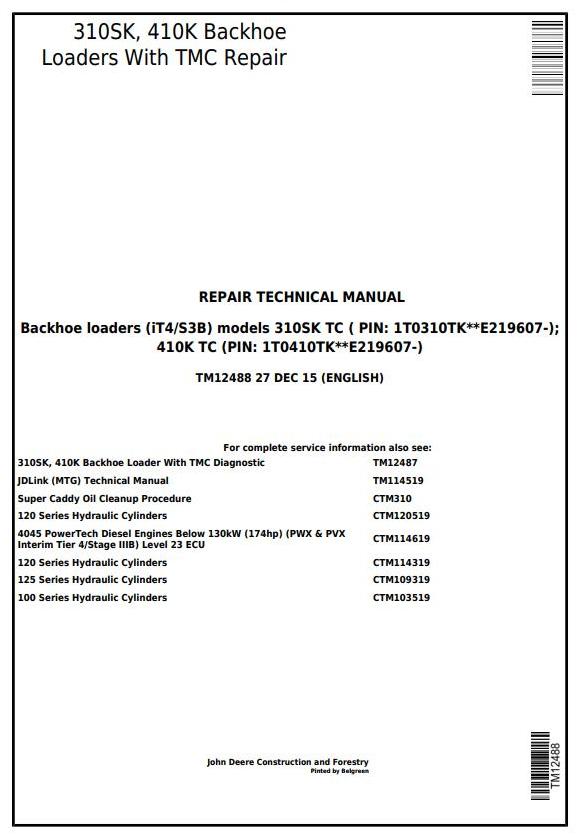 John Deere 310SK 410K TC Backhoe Loader Repair Technical Manual TM12488