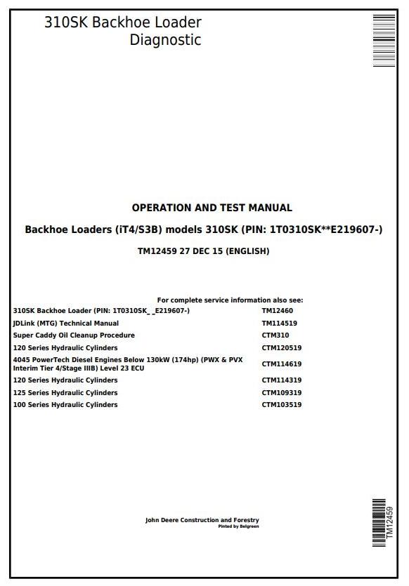 John Deere 310SK Backhoe Loader Diagnostic Operation Test Manual TM12459