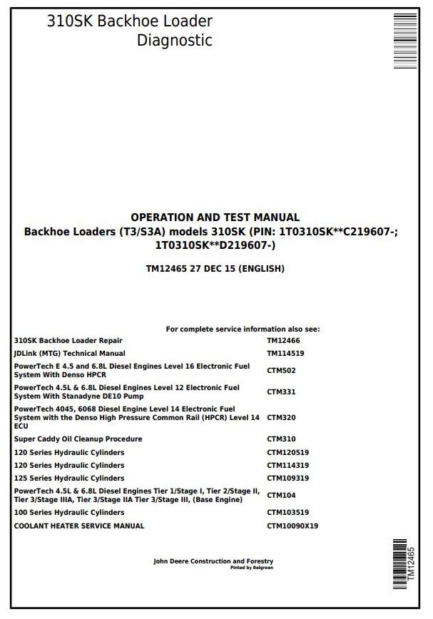 John Deere 310SK Backhoe Loader Diagnostic Operaton Test Manual TM12465