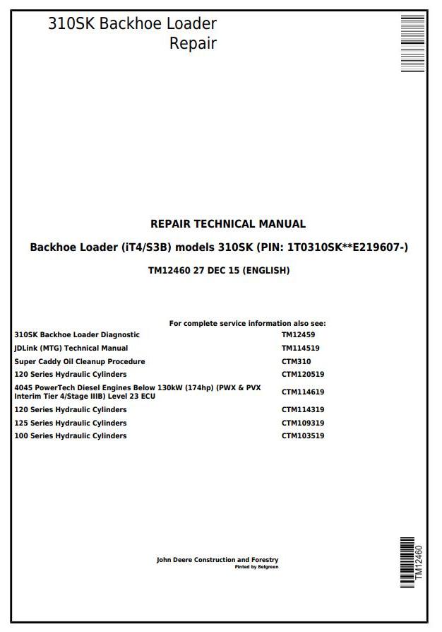 John Deere 310SK Backhoe Loader Repair Technical Manual TM12460