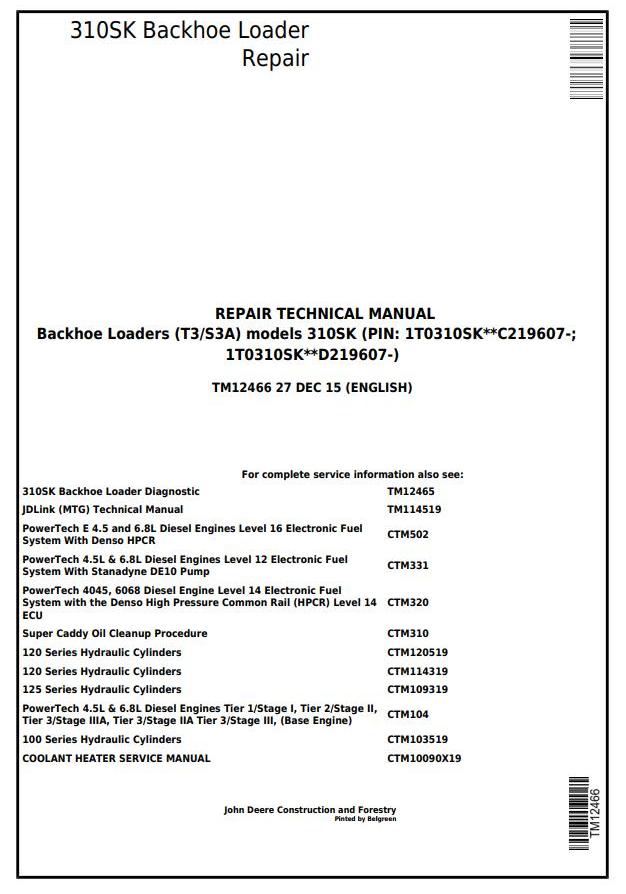 John Deere 310SK Backhoe Loader Repair Technical Manual TM12466
