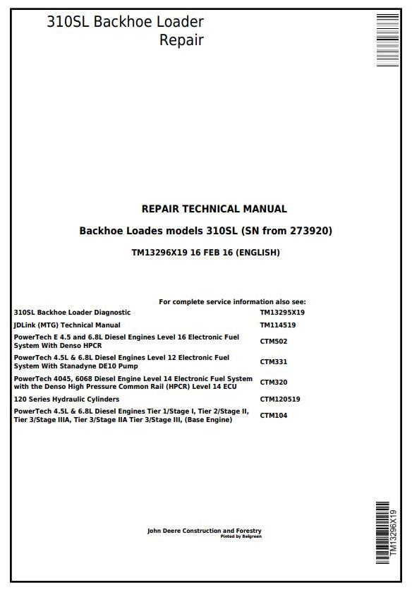 John Deere 310SL Backhoe Loader Repair Technical Manual TM13296X19