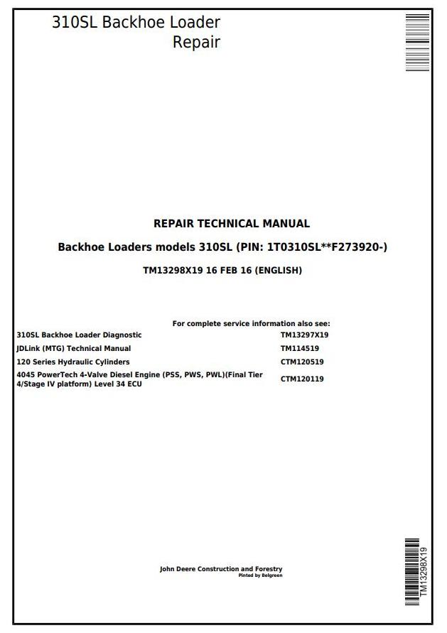 John Deere 310SL Backhoe Loader Repair Technical Manual TM13298X19
