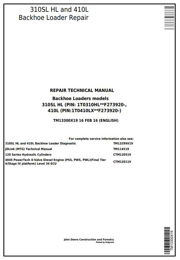 John Deere 310SL HL 410L Backhoe Loader Repair Technical Manual TM13300X19