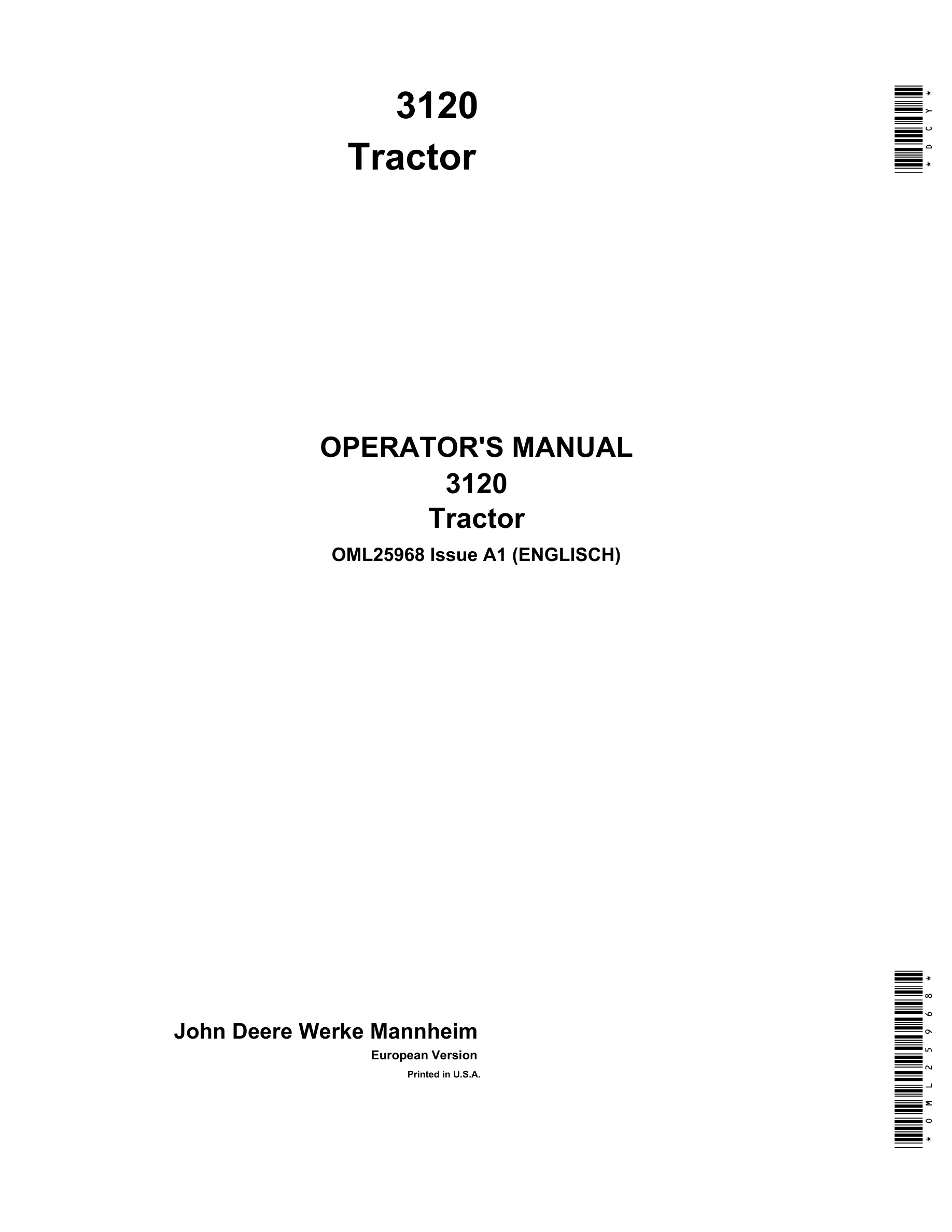 John Deere 3120 Tractors Operator Manuals OML25968-1