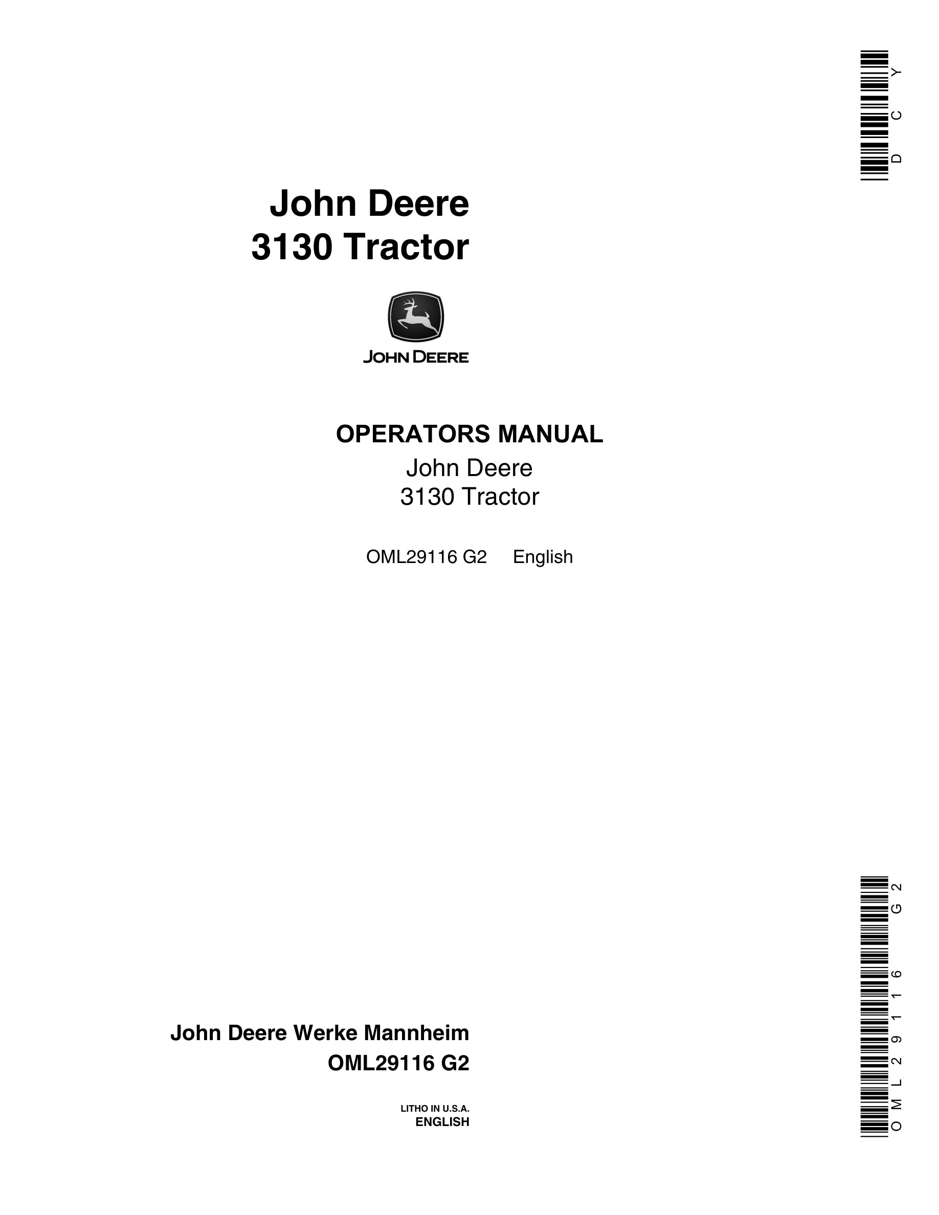 John Deere 3130 Tractors Operator Manuals OML29116-1