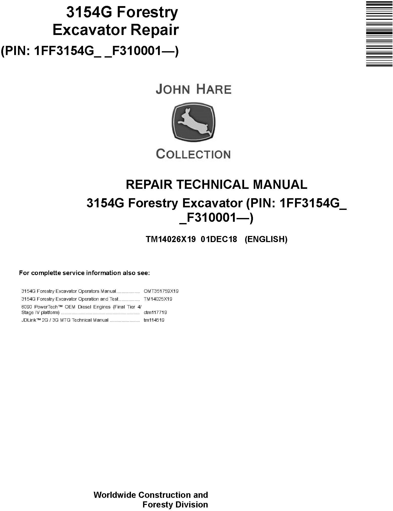 John Deere 3154G Forestry Excavator Repair Technical Manual TM14026X19