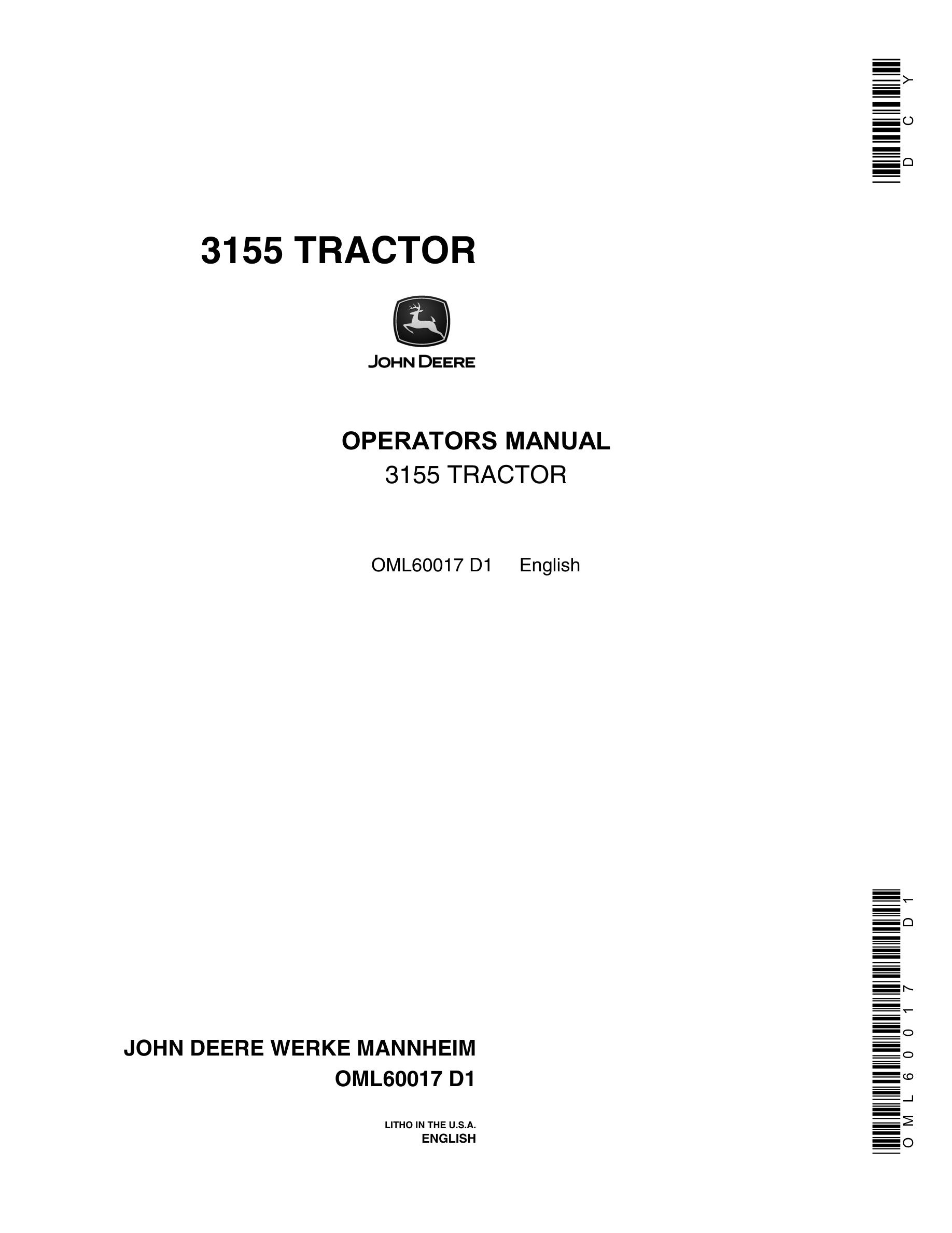 John Deere 3155 Tractor Operator Manual OML60017-1