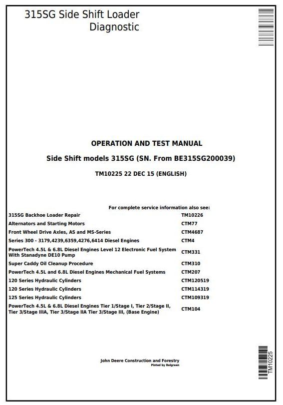 John Deere 315SG Side Shift Loader Diagnostic Operation Test Manual TM10225