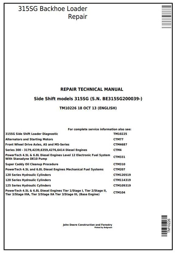 John Deere 315SG Side Shift Loader Repair Technical Manual TM10226
