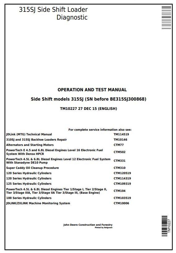 John Deere 315SJ Side Shift Loader Diagnostic Operation Test Manual TM10227