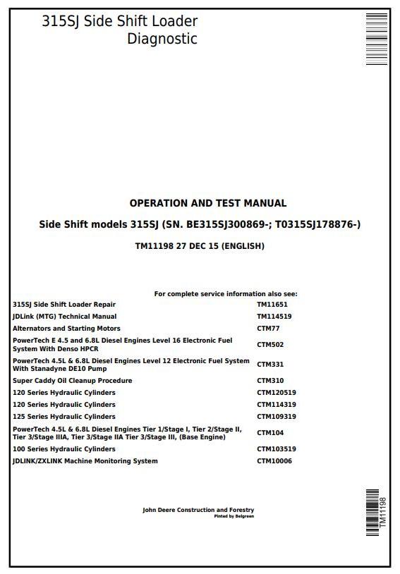 John Deere 315SJ Side Shift Loader Diagnostic Operation Test Manual TM11198