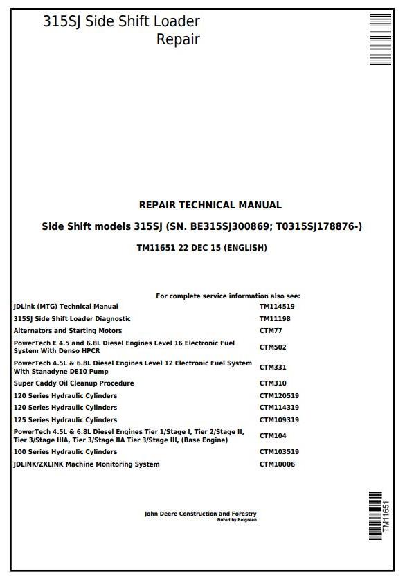 John Deere 315SJ Side Shift Loader Repair Technical Manual TM11651