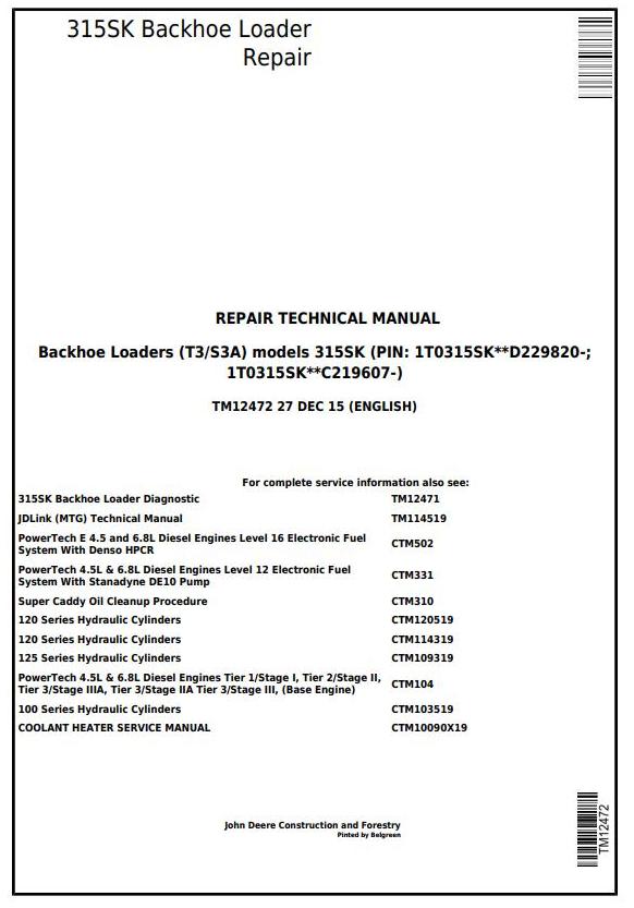 John Deere 315SK Backhoe Loader Repair Technical Manual TM12472