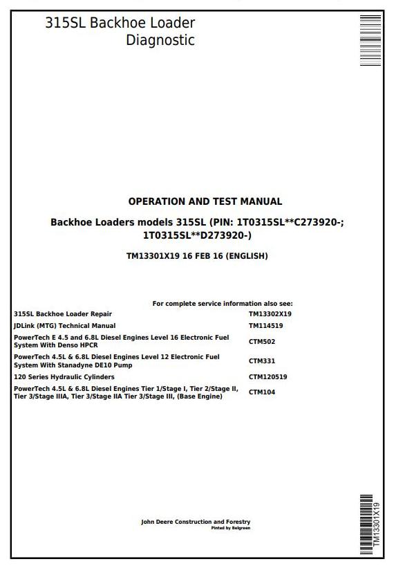 John Deere 315SL Backhoe Loader Diagnostic Operation Test Manual TM13301X19