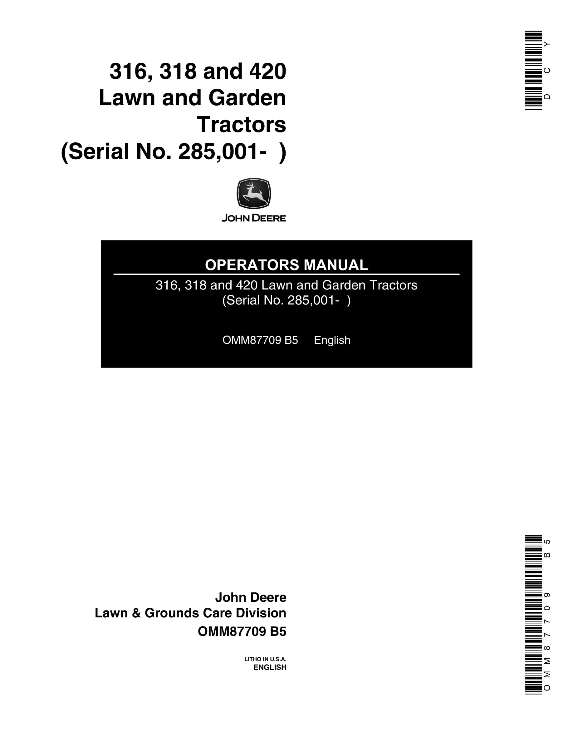 John Deere 316, 318 and 420 Tractor Operator Manual OMM87709-1