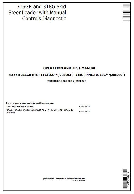 John Deere 316GR 318G Skid Steer Loader Diagnostic Operation Test Manual TM13848X19