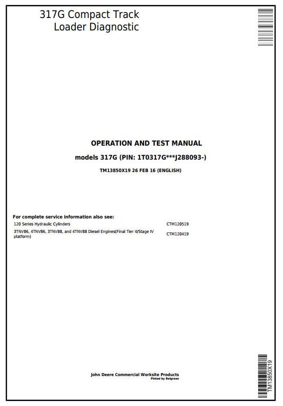 John Deere 317G Compact Track Loader Diagnostic Operation Test Manual TM13850X19