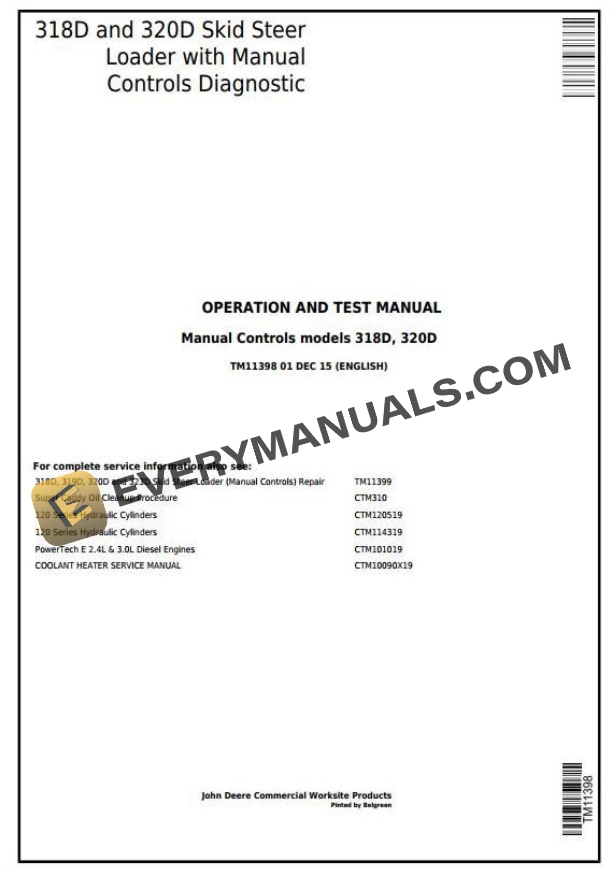 John Deere 318D 320D Skid Steer Loader Diagnostic Operation Test Manual