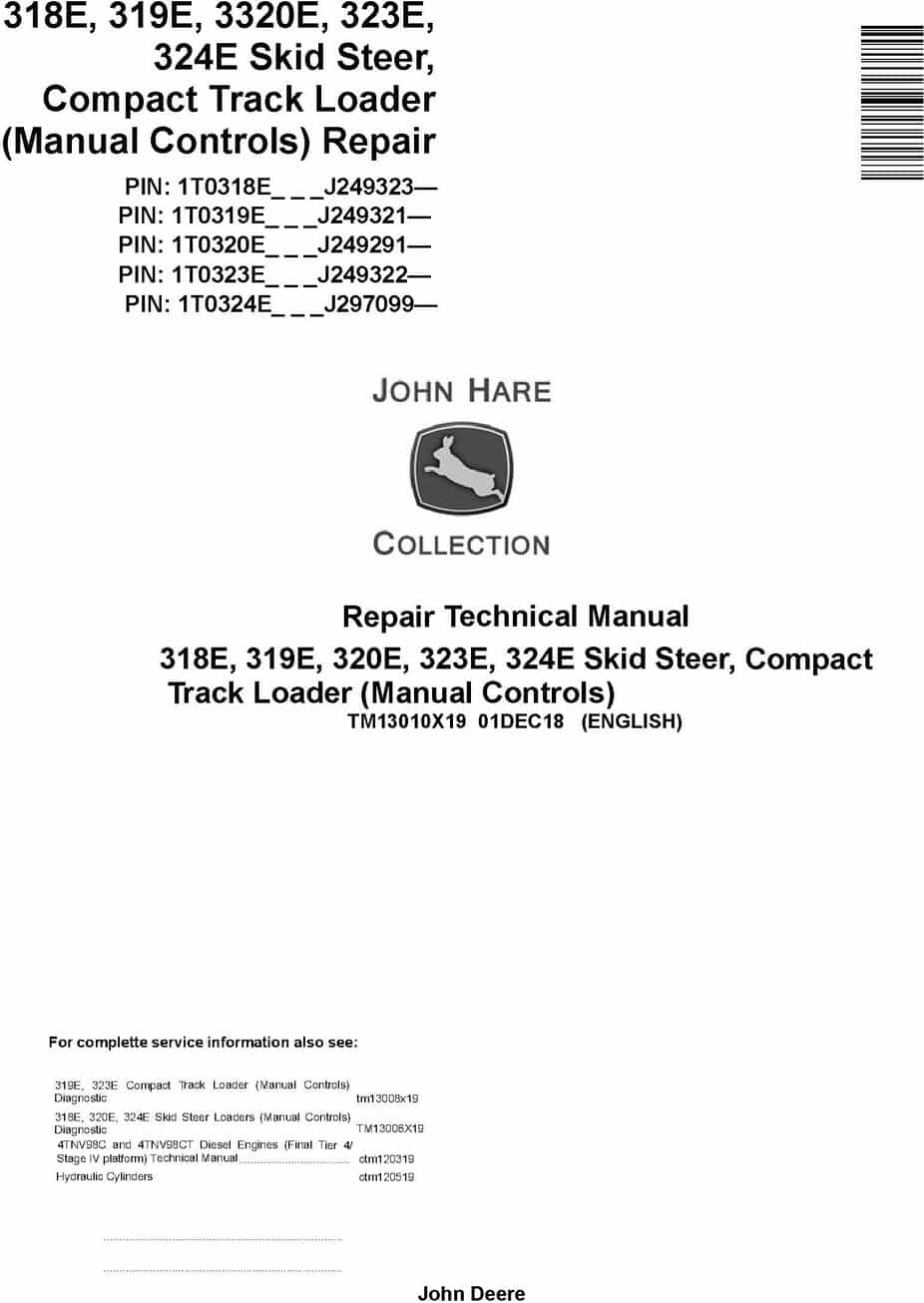 John Deere 318E 319E 320E 323E 324E Skid Steer Compact Track Loader Repair Technical Manual TM13010X19