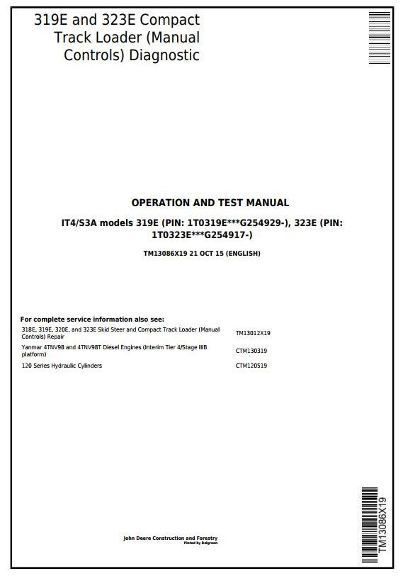 John Deere 319E 323E Compact Track Loader Diagnostic Operation Test Manual TM13086X19