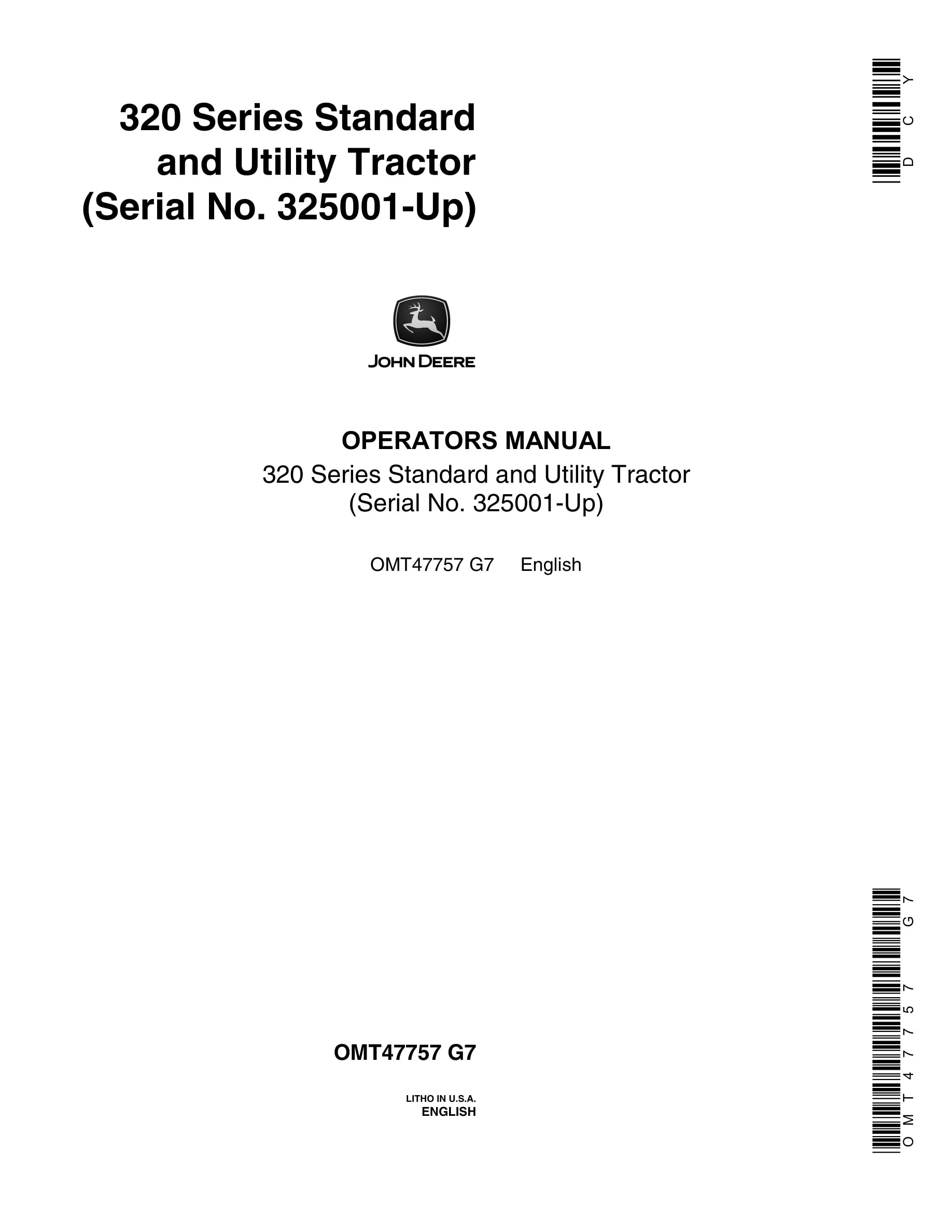 John Deere 320 Series Standard And Utility Tractors Operator Manual OMT47757-1