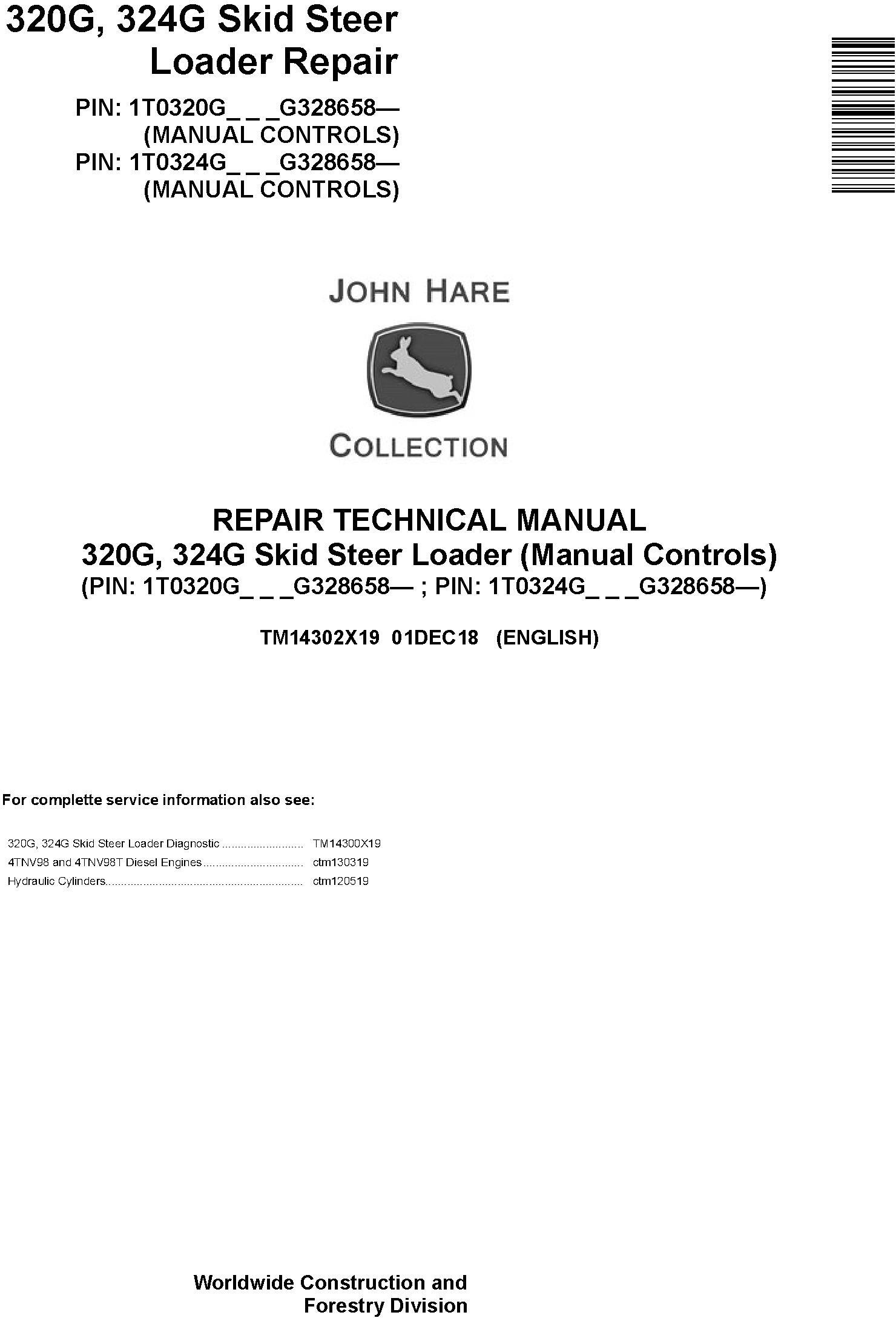 John Deere 320G 324G Skid Steer Loader Repair Technical Manual TM14302X19