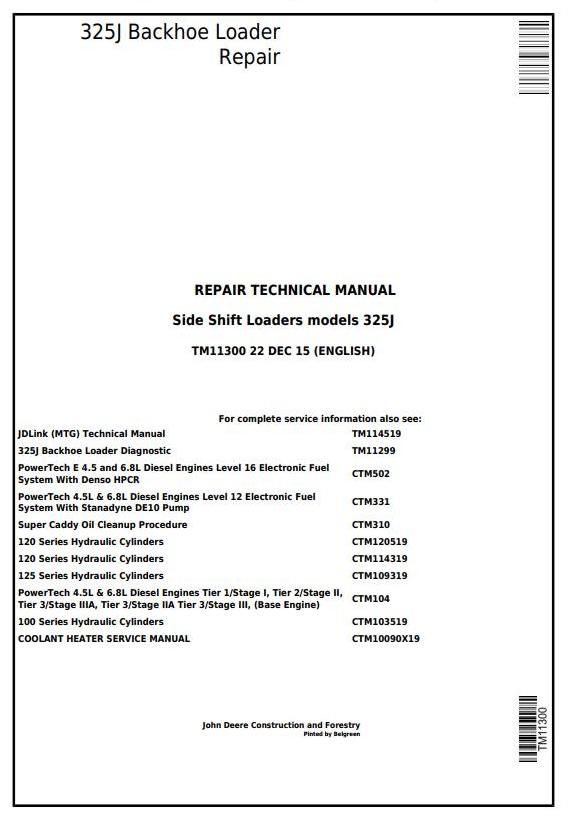 John Deere 325J Side Shift Loader Repair Technical Manual TM11300