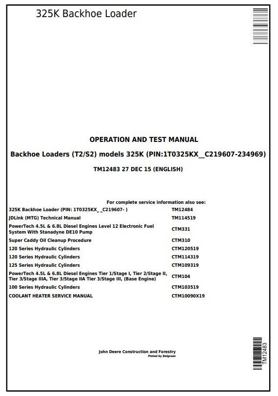 John Deere 325K Backhoe Loader Operation Test Manual TM12483