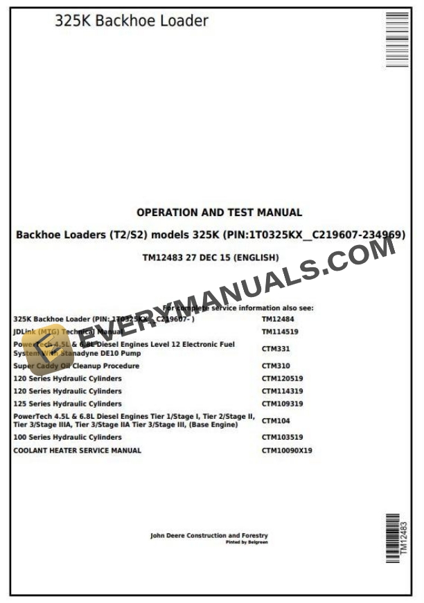 John Deere 325K Backhoe Loader Operation Test Manual TM12483