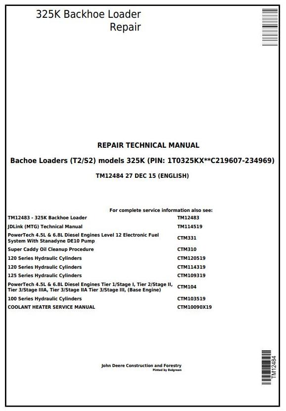John Deere 325K Backhoe Loader Repair Technical Manual TM12484