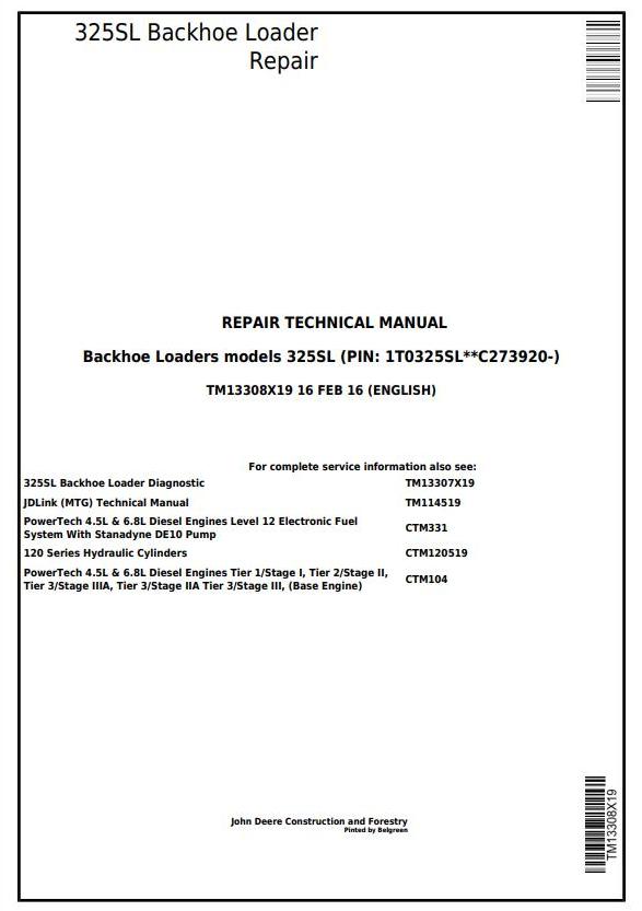 John Deere 325SL Backhoe Loader Repair Technical Manual TM13308X19