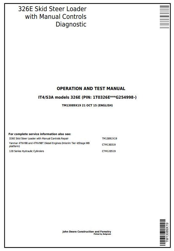 John Deere 326E Skid Steer Loader Diagnostic Test Manual TM13089X19