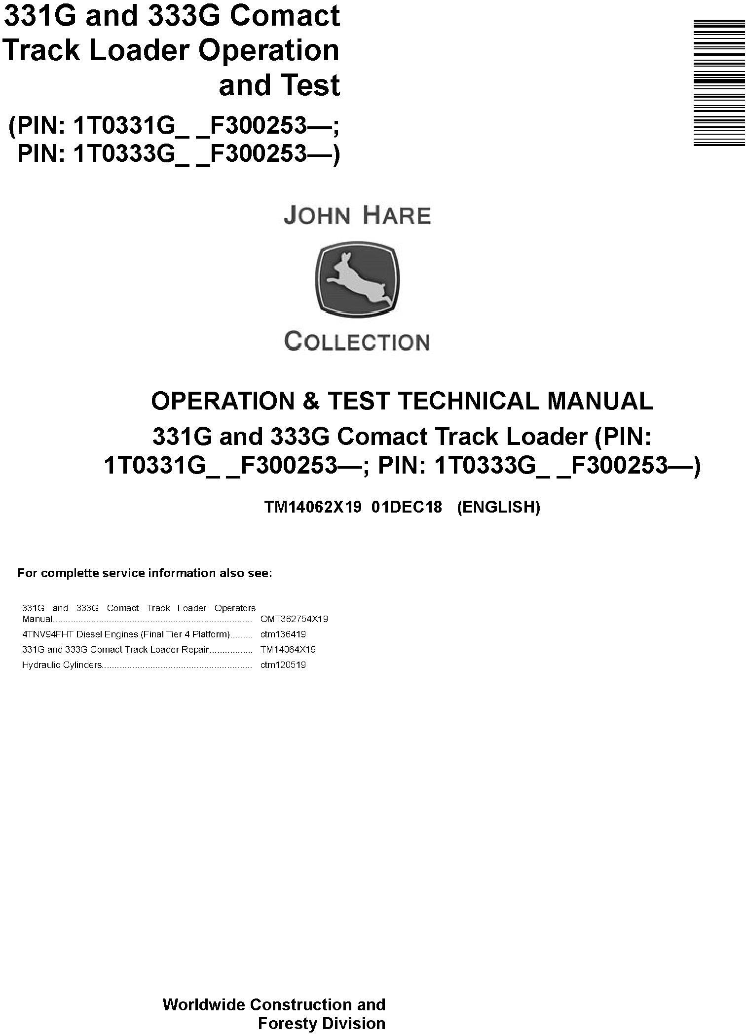 John Deere 331G 333G Compact Track Loader Operation Test Technical Manual TM14062X19