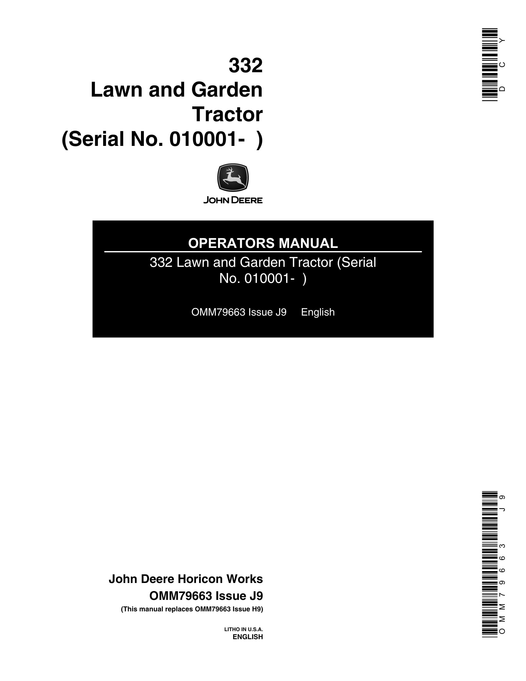 John Deere 332 Tractor Operator Manual OMM79663-1
